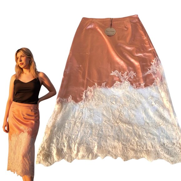 PEACHY PINK LACE SATIN MIDI SKIRT SIZE LARGE NWT AARON & AMBER - Picture 2 of 4